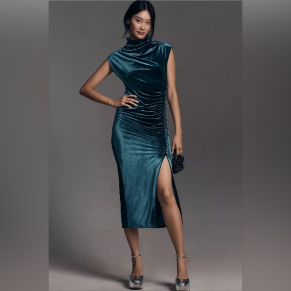 Anthropologie green Velvet Midi Dress - Picture 3 of 8